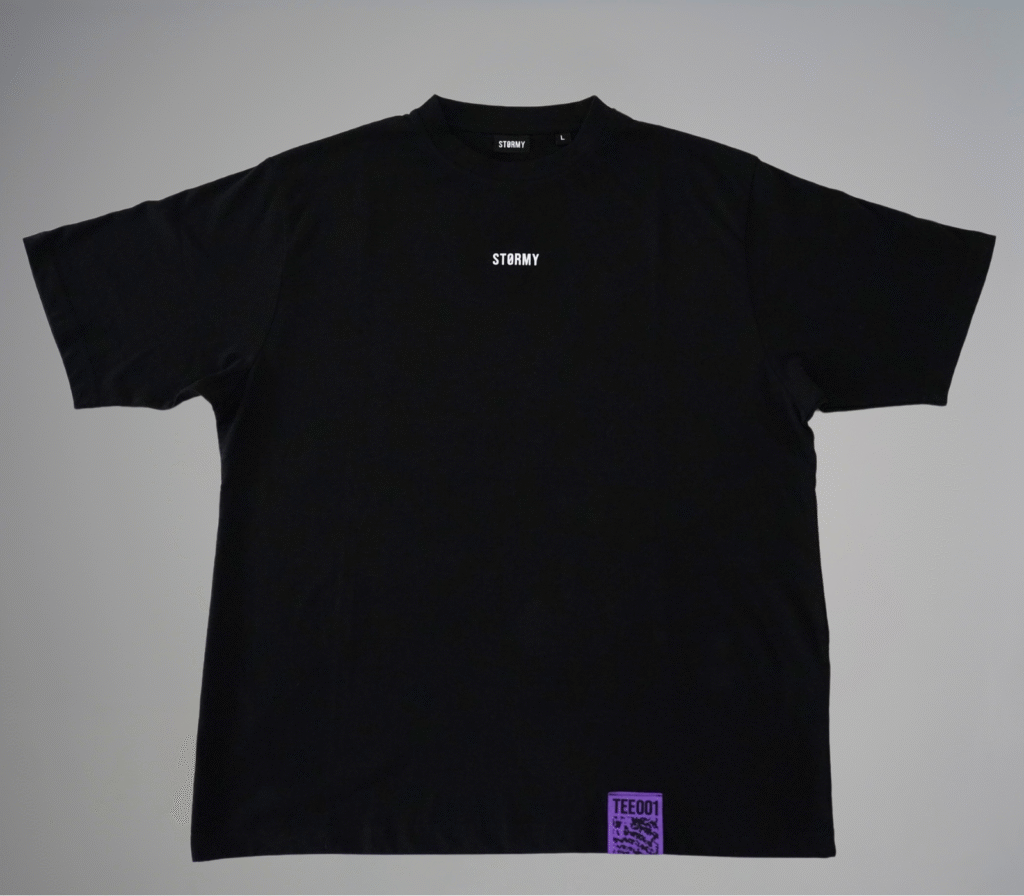 Flat front view of the HELIX TEE001 t-shirt by STORMY