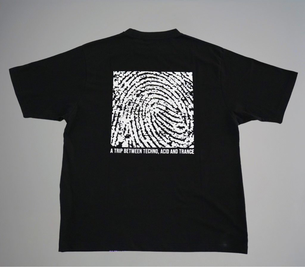 Back of HELIX TEE001 showing fingerprint design and slogan.